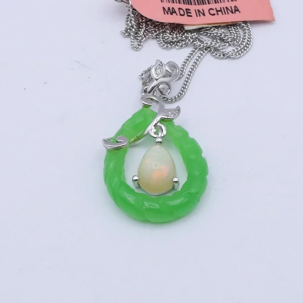 Djoy Sterling Silver Opal Carved Jade Platinum Plated Leaf Pendant Necklace 20in